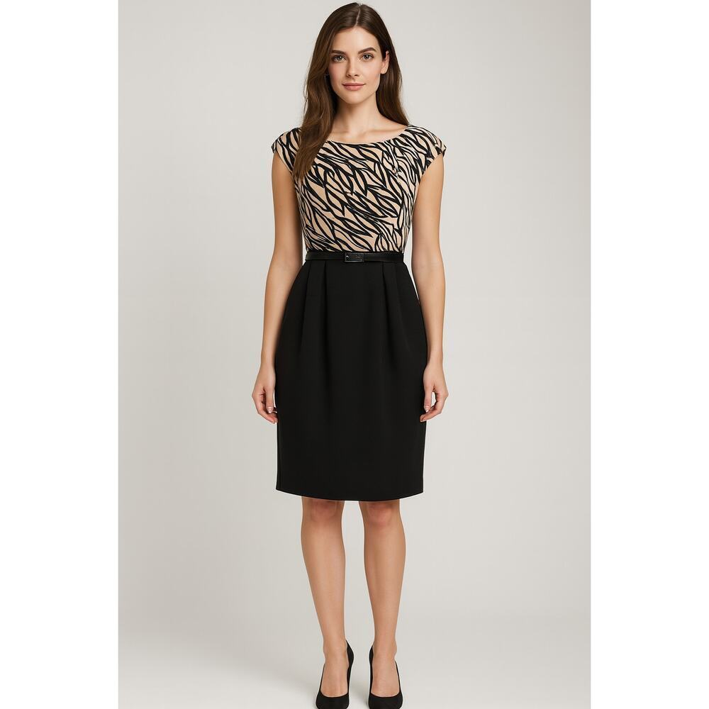 NWT connected apparel 10 belted sheath dress business casual geometric neutral